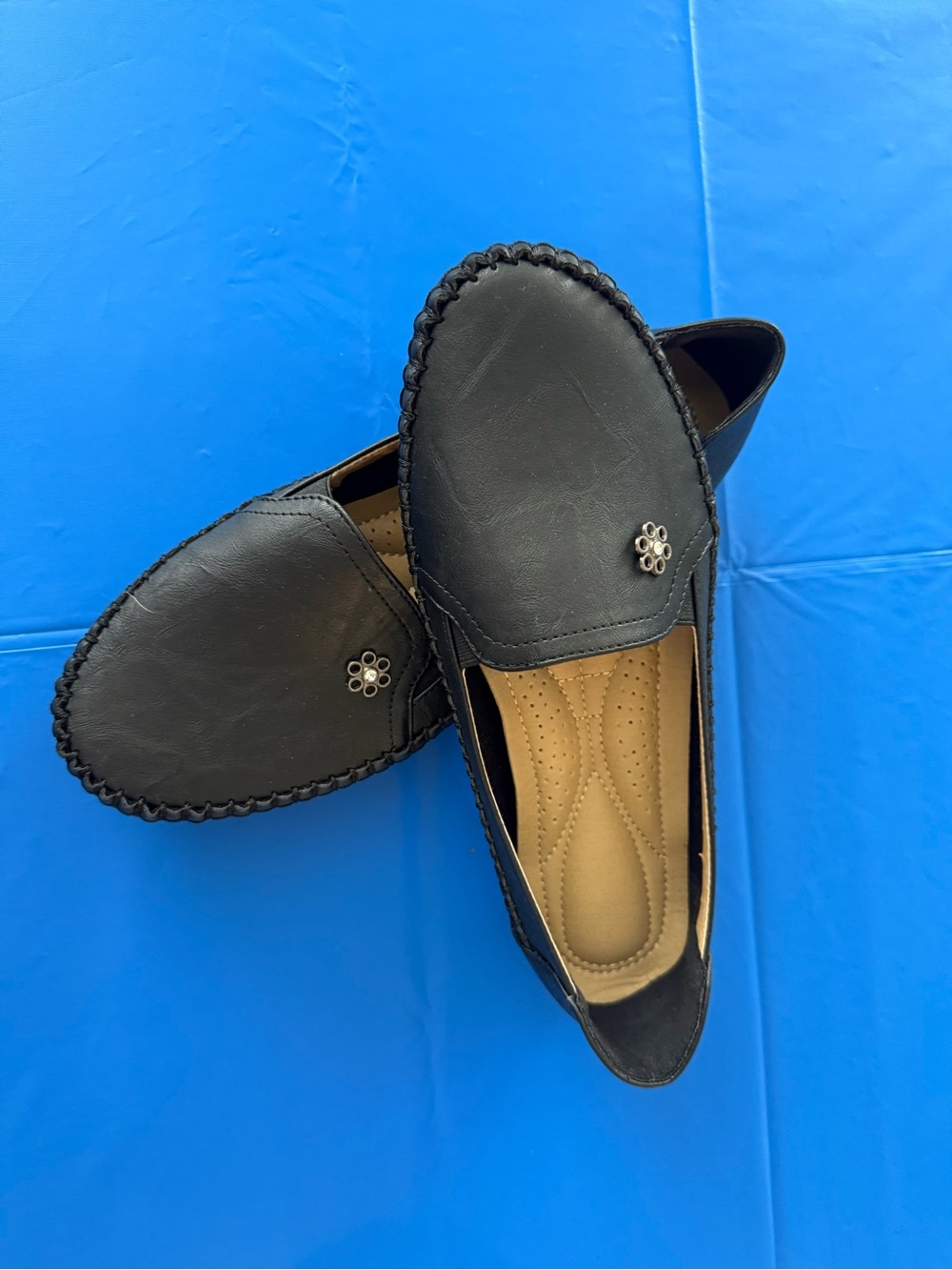 Black Slip-On Loafers with Silver Flower Accent